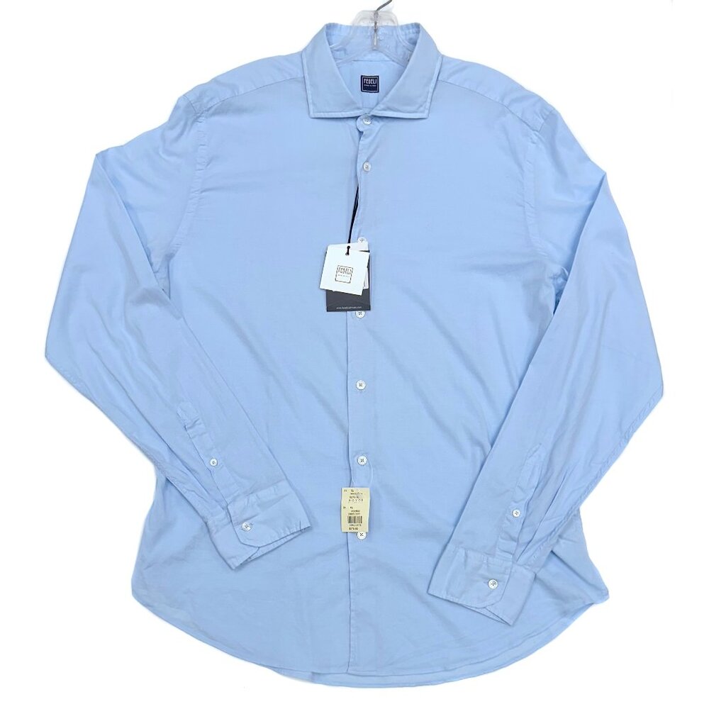 Fedeli NWT Long Sleeve Dress Shirt Size 44 17.5 Solid Blue Cotton Blend Sean